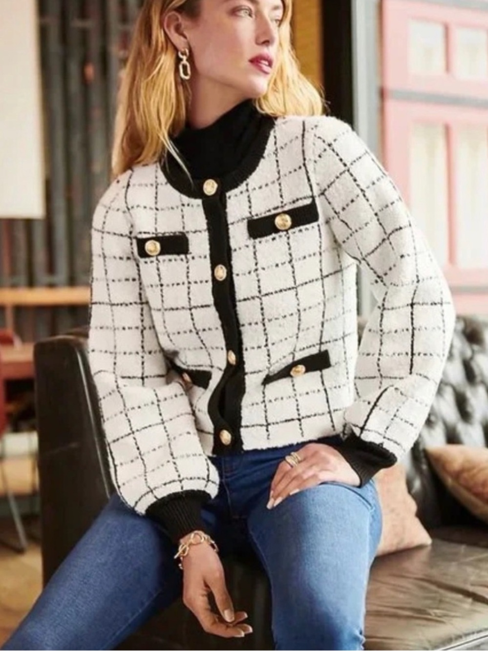 Express Cream & Black Windowpane Knit Cardigan with Gold Buttons